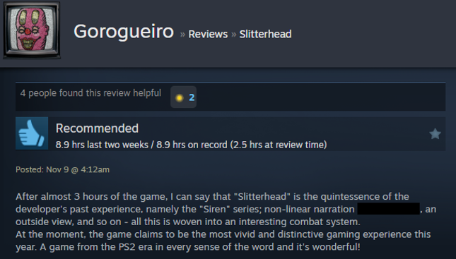 Screenshot showing a Steam user review of Slitterhead.